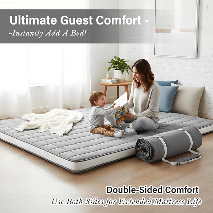 Tiita Japanese Floor Mattress Futon Mattress 4” Thick Folding Roll Up Sleeping Pad with Bag & Strap, Bed Topper Mat for Guest, Lounger and Tavel, Gray,Twin Size