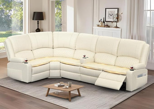 Manual Reclining Sectional Sofa Set, 5 Seats 1+1+3 Leather Reclining Corner Sectional Couch, Family-Sized L-Shaped Recliner Couch with USB Charging, Thickened Padding, Sturdy Frame, White