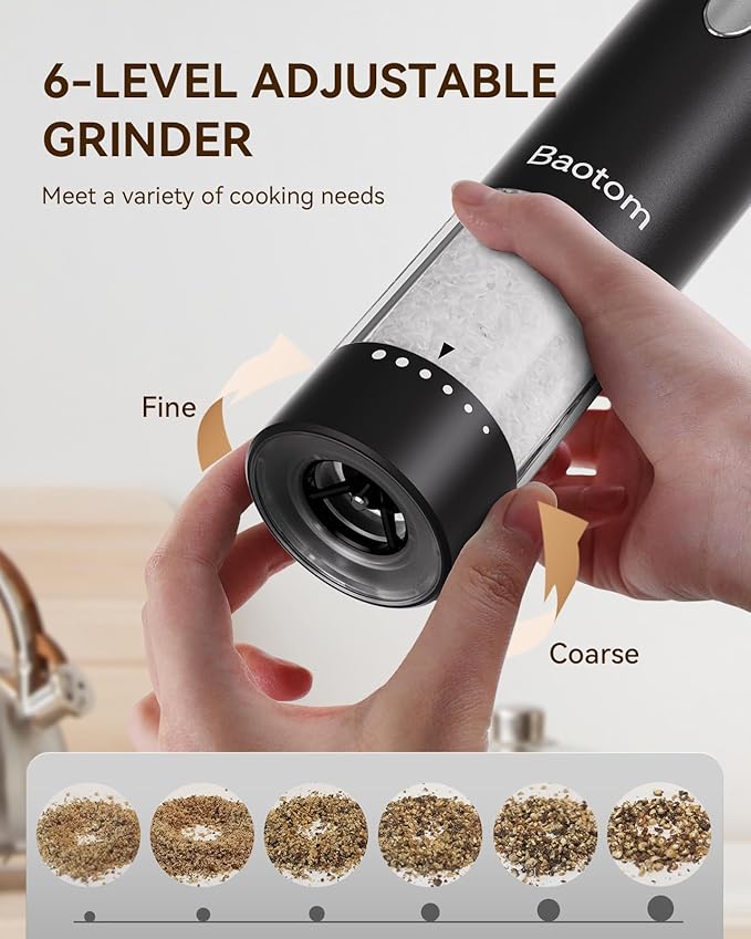 Electric Salt and Pepper Grinder Set with Dual Charging Base, 6 Adjustable Coarseness Levels & External Grind Settings, One-handed Operation Salt and Pepper Mills with LED Light,Black