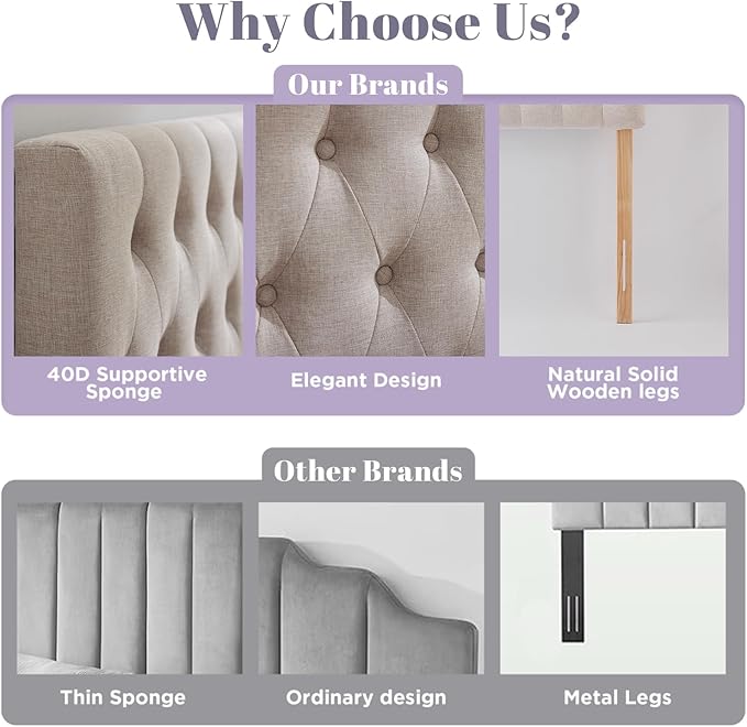 Kingfun Upholstered Queen Headboard Only, Premium Linen Button Tufted Headboards, Adjustable Solid Wood Head Board, Padded Headboard with Solid Wood Legs in Bedroom (Beige)