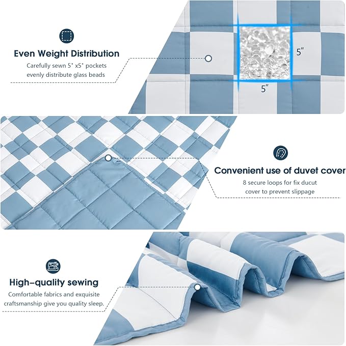 Blue Checkered Weighted Blanket for Adults 15lbs, 48"x72", Twin Full Size Cooling Plaid Heavy Throw Blanket for 120-160lbs, Microfiber Soft Thick Big Blankets Weighted Comforter Gift for Sleeping