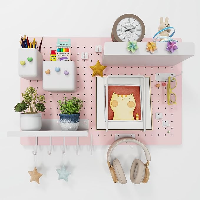 Metal Pegboard Kit — Carbon Steel Pegboards with 26 Accessories, Pegboard Wall Organizer for Home, Office, Study Room, Kitchen, Craft Room & Gaming Setup— 24″ × 16″ Pink Peg Board