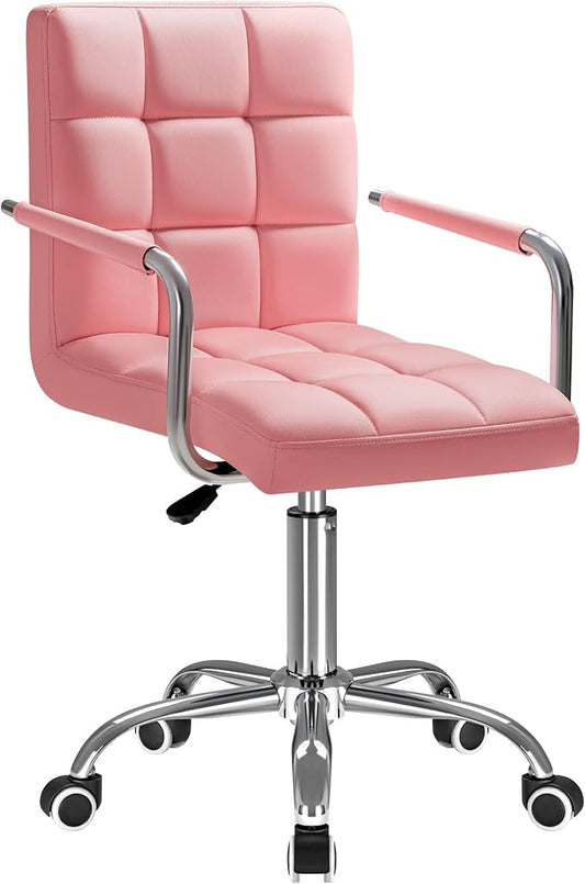 Furmax Mid-Back Office Task Chair Ribbed PU Leather Executive Chair Modern Adjustable Home Desk Chair Retro Comfortable Work Chair 360 Degree Swivel with Arms (Pink)