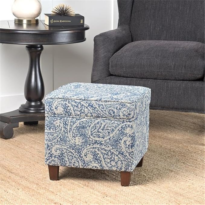 Homepop Home Décor|K7342-F2214|Classic Square Storage Ottoman with Lift Off Lid | Ottoman with Storage for Living Room & Bedroom, Gray Paisley Blue
