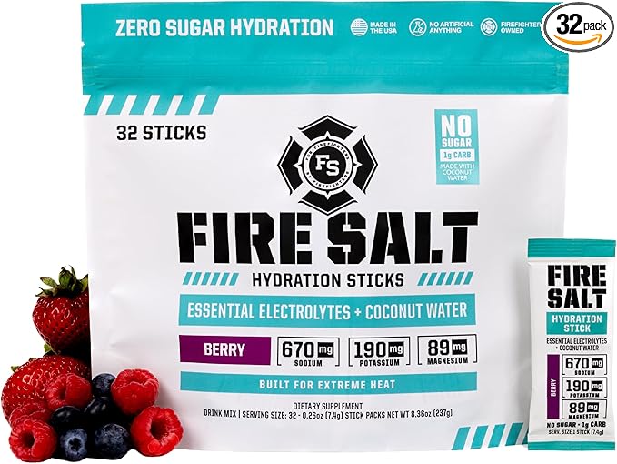 Fire Science Fire Salt Hydration Sticks, Electrolytes & Coconut Water, Hydration Drink Mix with Magnesium, Potassium & Sodium, Zero Sugar, Single Serve On The Go Packs, Berry Flavor, 32 Count