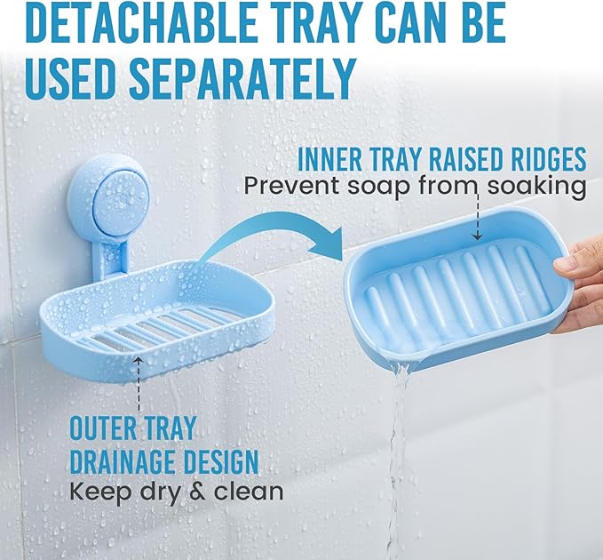 TAILI Soap Dish Bar Holder Suction Cup,SoapSaver with Powerful Vacuum Suction,Sponge Holder for Shower,Bathroom,Tub andKitchen Sink,Universal Shower Accessories,Drill-Free,Removable,2 Pack,Blue
