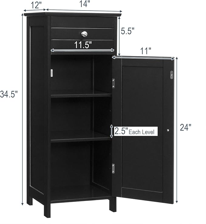 Tangkula Bathroom Floor Cabinet, Wooden Side Storage Organizer, Free-Standing Single Door Floor Storage Cabinet with Large Drawer & 2 Adjustable Shelves for Living Room Kitchen (Black)