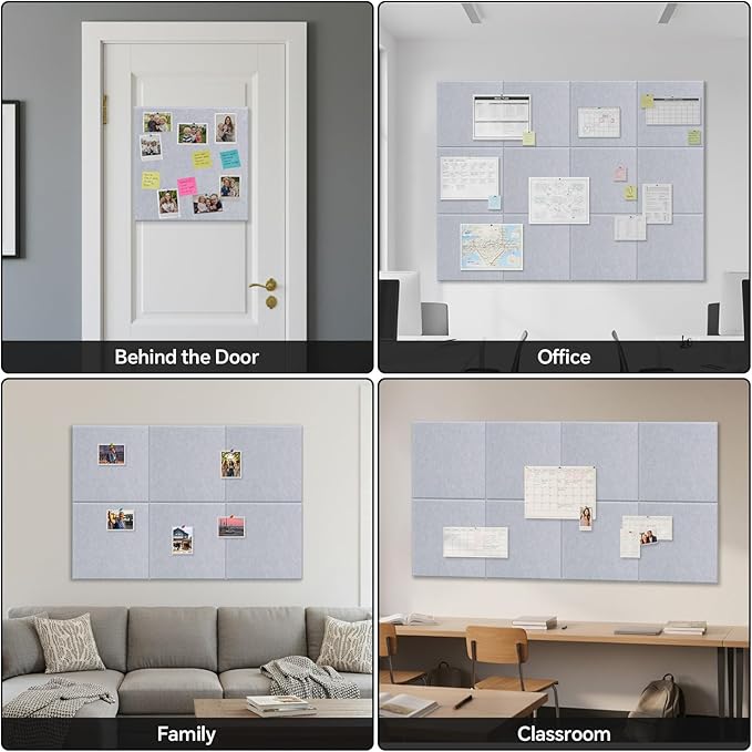 Felt Wall Panels 48x36 Inches 12-Pack Felt Wall Tiles, Wall Mounted Message Board Decorative Memo Board for Home Office Kids Room (Moonlight Gray)