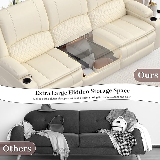 3-Seater Recliner Sofa, Manual Reclining Couch with Multi-Functional Middle Seat, Reclining Sofa for Living Room with Hidden Storage Space, Cup Holders, and Removable Console