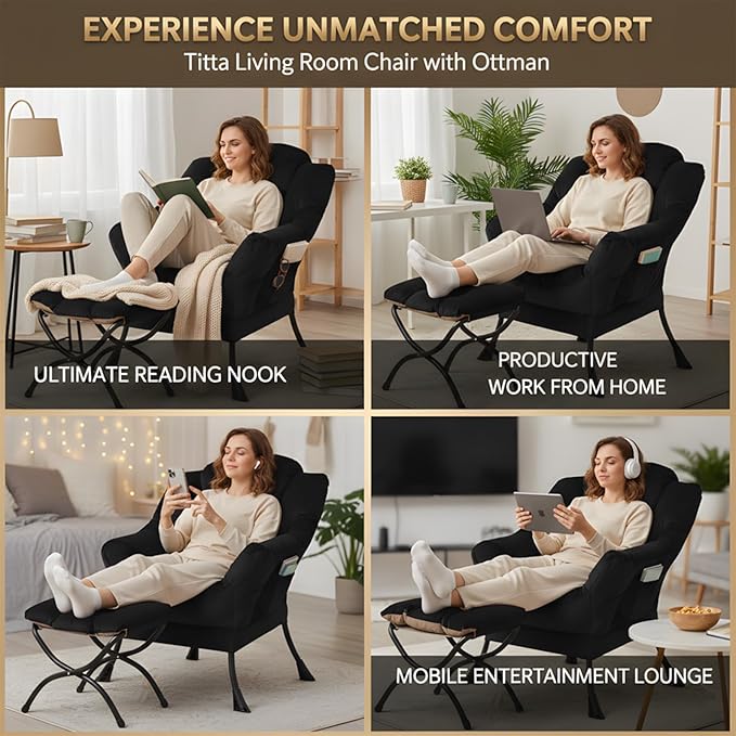 Tiita Lazy Chair with Ottoman, Modern Large Accent Lounge Armchair, Comfy Leisure Sofa Reading Chair with Footrest for Bedroom, Living Room, Dorm Rooms, Garden and Courtyard, Velvet Black
