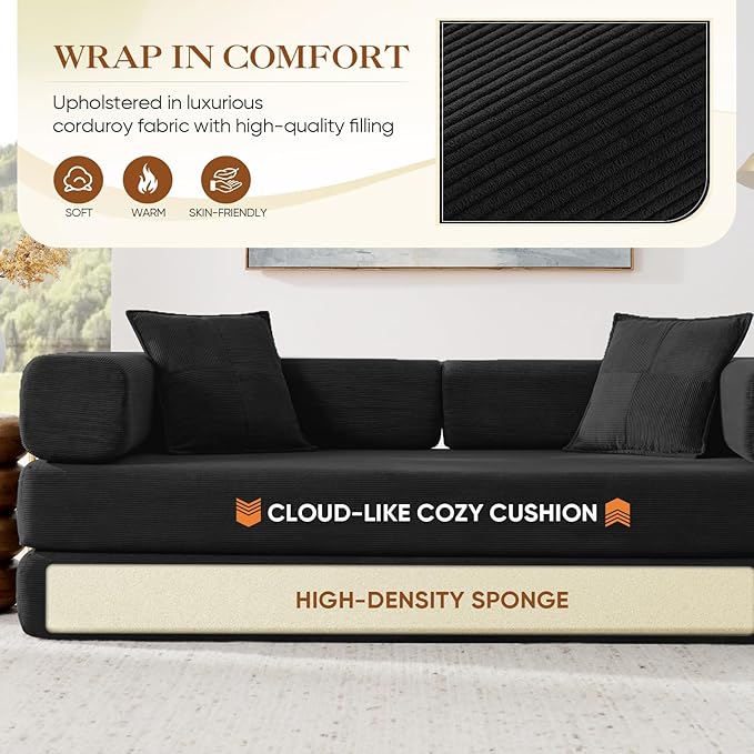 Antetek Convertible Futon Sofa Bed, 3-Seater Modern Corduroy Foam Floor King Size Bed Fold Out Sleeper Lounge Loveseat Sofa Couch with 2 Throw Pillows for Living Room Bedroom Guest Room, Black