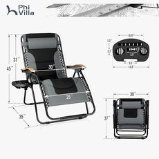 PHI VILLA XXL Oversized Padded Zero Gravity Chair Set of 2, Foldable Patio Recliner, 30