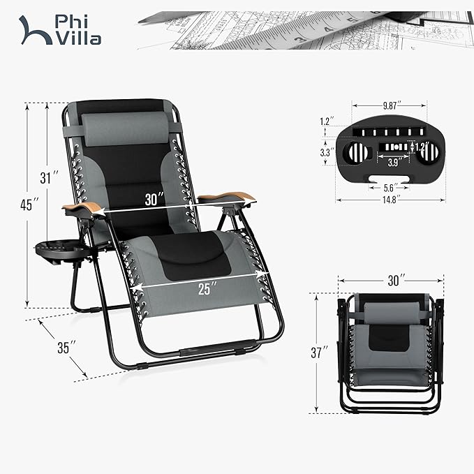 PHI VILLA XXL Oversized Padded Zero Gravity Chair Set of 2, Foldable Patio Recliner, 30" Wide Seat Anti Gravity Lounger with Armrest and Cup Holder, Support 400 LBS (Grey)