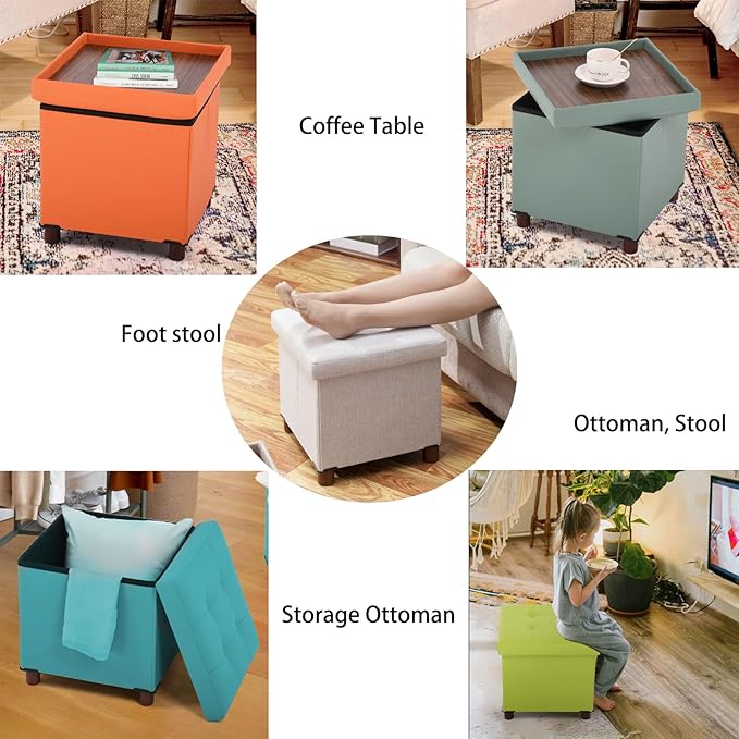 Storage Ottoman - Foldable Footstool with Storage, Square Tray, Coffee Table Lid, Light Green