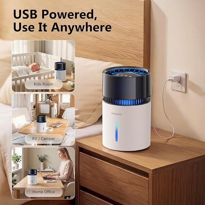 3L Mist-Free Evaporative Humidifier for Bedroom, Top Fill Humidifier Work with Tap Water, Touch Control,USB Powered, Sleep Mode, Night Light,1–8H Timer, Easy-Clean Design for Home Office