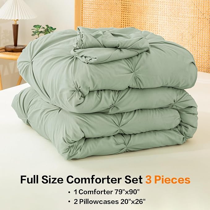 Andency Sage Green Comforter Full Size, 3 Pieces Solid Pintuck Western Boho Bedding Sets, All Season Soft Lightweight Cute Pinch Pleat Bed Set for Girls Women