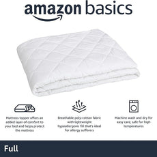 Amazon Basics Hypoallergenic Quilted Mattress Topper Pad, Cover 18 Inches Deep, Full, White