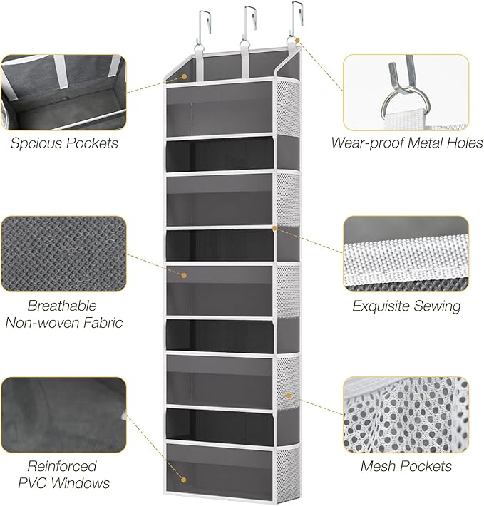Over the Door Organizer with 5 Front & 10 Mesh Side Pockets, 50LB Capacity Extra Large Hanging Storage Organizer Multi-Room Space-Saving Design with 3 Hook for Closet, Bathroom, Kitchen, Pantry, Grey
