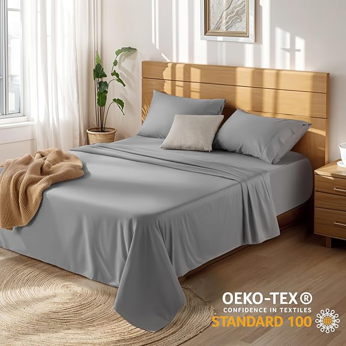 LBRO2M 100% Cotton Sheets Set Deep Pocket 19", 1000 Thread Count King Size 4 Piece Bed Sheet Sets Soft Comfortable Bedding All Season (King, Gray) LBRO2MBedding