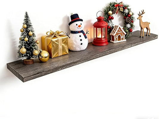 Fun Memories Floating Shelves for Wall, 55"x9.3" Rustic Solid Elm Wood Shelves, Heavy-Duty Wall Mounted Shelves with Invisible Brackets, Set of 2 for Living Room, Bedroom, Kitchen, Grey Finish