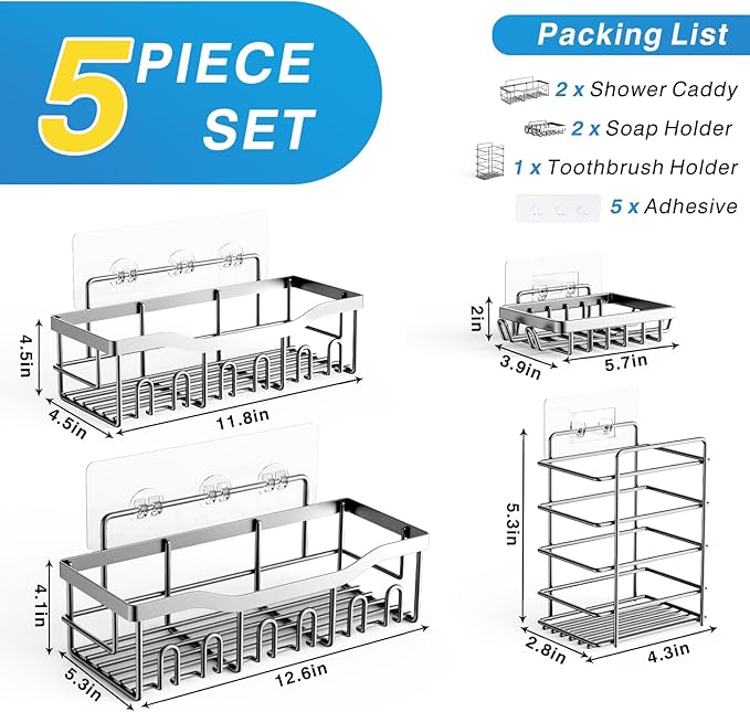 EUDELE 5-Pack Rustproof Stainless Steel Shower Caddy – No Drill Adhesive Bathroom Organizer with Large Capacity, Spacious Shower Shelves for Inside Shower, Kitchen & Home Decor Storage-XL Size