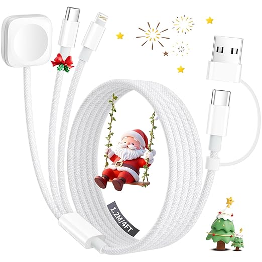 Travel Charger for Apple Watch, 3 in 2 Multi Charging Cable/Cord with Lightning/USB C/iWatch Charger, Travel Chargers for Multiple Devices, Compatible with iWatch Series/iPhone 17-8/iPad/AirPods 4FT