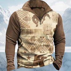 Western Sweatshirts for Men Aztec Cowboy Vintage Graphic Fleece Hoodie Mens Quarter Zip Pullover Country Jacket