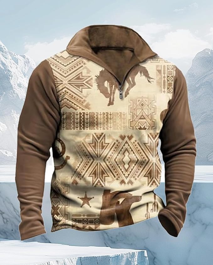 Western Sweatshirts for Men Aztec Cowboy Vintage Graphic Fleece Hoodie Mens Quarter Zip Pullover Country Jacket