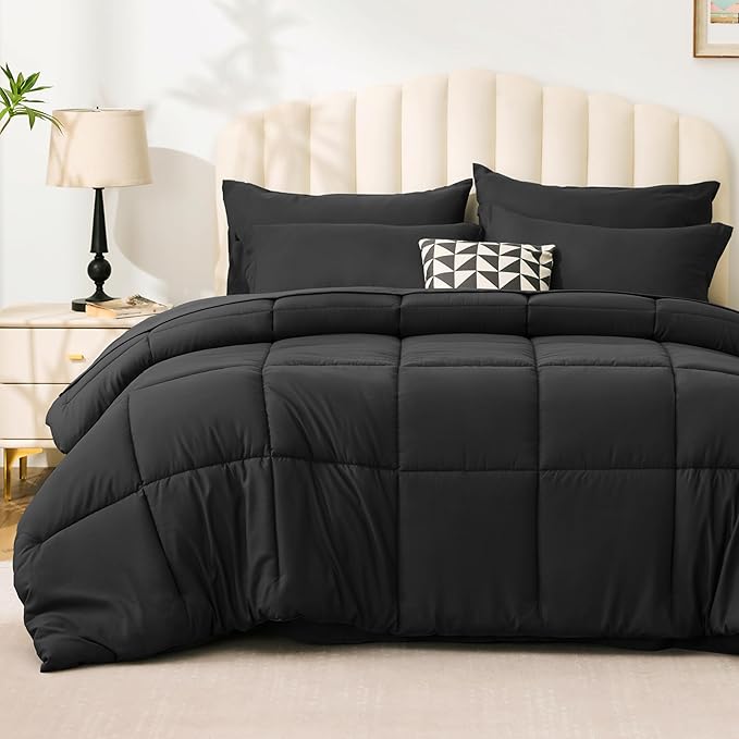Love's cabin Full Comforter Set Ash Black, 7 Pieces Full Bed in a Bag, All Season Bedding Sets with 1 Comforter, 1 Flat Sheet, 1 Fitted Sheet, 2 Pillowcase and 2 Pillow Sham