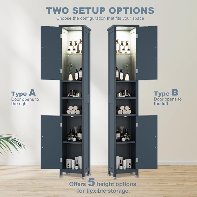 67" Tall Bathroom Storage Cabinet with Lights, Slim Narrow Bathroom Cabinet Organizer with Doors and Adjustable Shelves, Tall Cabinet for Small Space (66.9" Tall-Blue with Light, 1 Pack)