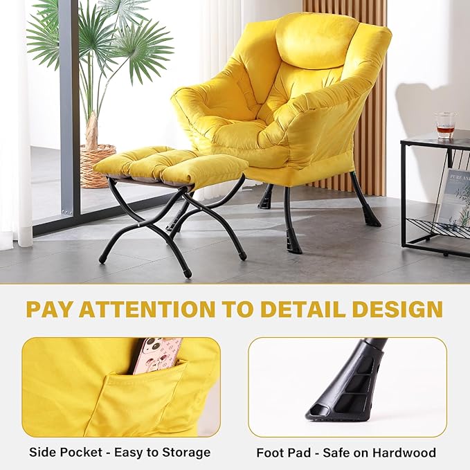 Tiita Lazy Chair with Ottoman, Modern Large Accent Lounge Armchair, Comfy Leisure Sofa Reading Chair with Footrest for Bedroom, Living Room, Dorm Rooms, Garden and Courtyard, Velvet Yellow