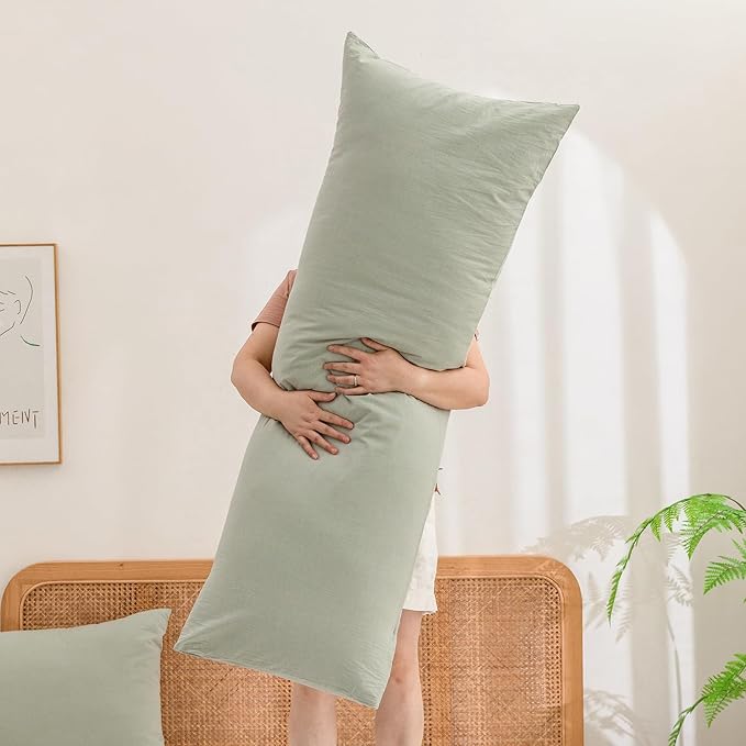 BESTOUCH 100% Washed Cotton Pillowcase for Hair and Skin Linen Feel Soft Comfortable Breathable 1 Pcs Pillow Case with Envelope Closure Solid Sage Green Body 20x54 Inches