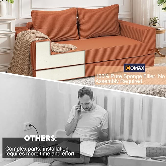 COMAX Convertible Sofa Bed Queen, Corduroy Folding Floor Couch Pull Out Couch Bed Futon Sleeper with Pillows, Fold Out Boneless Sofa Comfy Lounge Mattress Loveseat for Living Room Bedroom