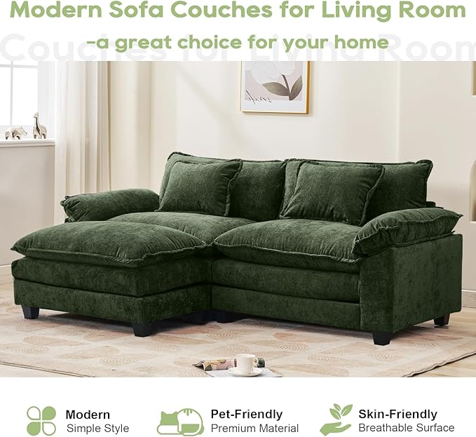 86" Modular Sectional Sofa, Comfy Cloud Couch Sectional Sofa with Ottoman, Chenille Sofa Sleeper Deep Seat Sofa with Throw Pillows for Living Room (Green, 86"- L Shape)