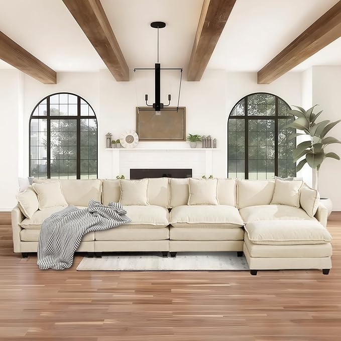SoarFlash 149.61" Chenille Sectional Sofa, Comfy L Shaped Modular Coush Sofa with Ottoman, Modern 4 Seat Couch Deep Seat Sofa Set for Living Room,Beige