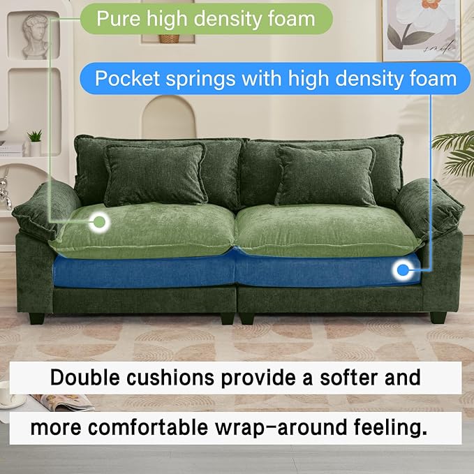 86" Modular Sectional Sofa, Comfy Cloud Couch Sectional Sofa, Chenille Sofa Sleeper Deep Seat Sofa with Throw Pillows for Living Room (Green, 86"- Loveseat)