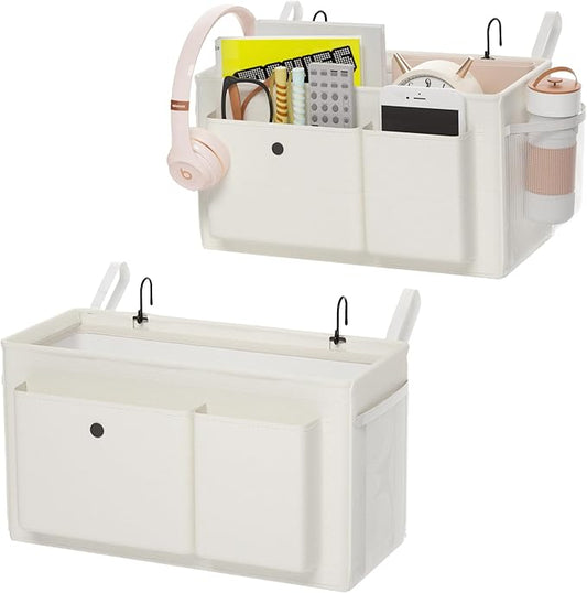 Bedside Caddy Bedside Organizer with Fixed Straps & Water Bottle Holder, Bunk Bed Caddy ideal for Home, Dorm, Hospital, Crib, Versatile Bedside Storage Solution (White 2pcs)