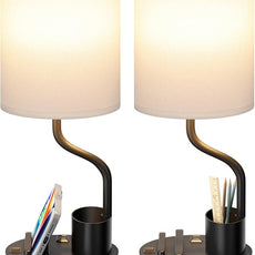 White Bedside Table Lamps for Bedroom Set of 2 - Nightstand Light with AC Outlet and USB A & C for Charging, 3 Color Temperatures Desk Lamp with Pen Holder & Phone Stand for Living Room/Dorm/Office