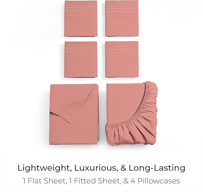 Mellanni California King Sheet Set - 6-Piece Iconic Collection Bedding, (Including 4 Pillowcases), 16-Inch Deep Pocket, Easy Care, Extra Soft, Cooling Sheets, Brushed Microfiber - Coral