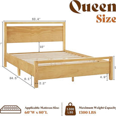 AMERLIFE Queen Size Solid Wood Bed Frame with Headboard, Minimalist Platform Bed with Wood Slats Support/No Box Spring Needed/Easy Assembly/Noise-Free, Natural