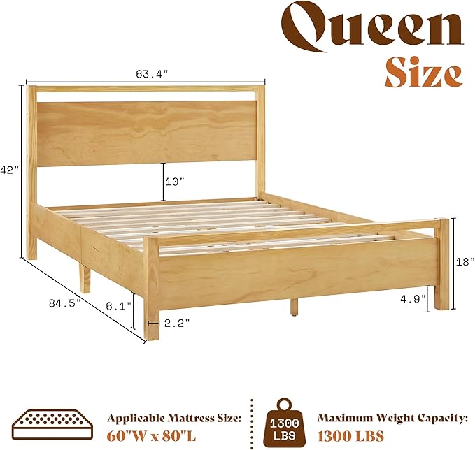 AMERLIFE Queen Size Solid Wood Bed Frame with Headboard, Minimalist Platform Bed with Wood Slats Support/No Box Spring Needed/Easy Assembly/Noise-Free, Natural