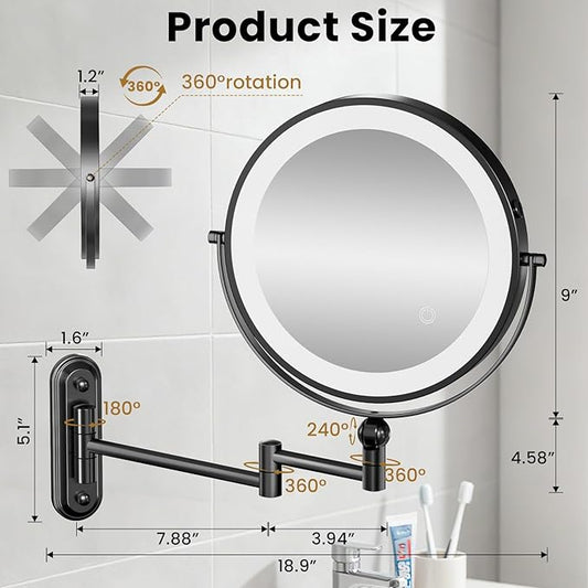 Rocollos 9-Inch Large Makeup Mirror with 30X Magnification, Rechargeable Wall Mounted Vanity Mirror with Lights, 3 Color Dimmable LED, Touch Screen & Retractable Arm-Black (9INCH-Black)