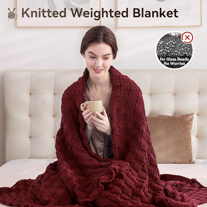 Knitted Weighted Blanket for Adult, No Beads Heavy Blanket 60” x 80'' 15lbs, Breathable Chunky Knit Blanket, Cooling Weighted Blanket for Hot Sleepers, Christmas Home Decor (Red)