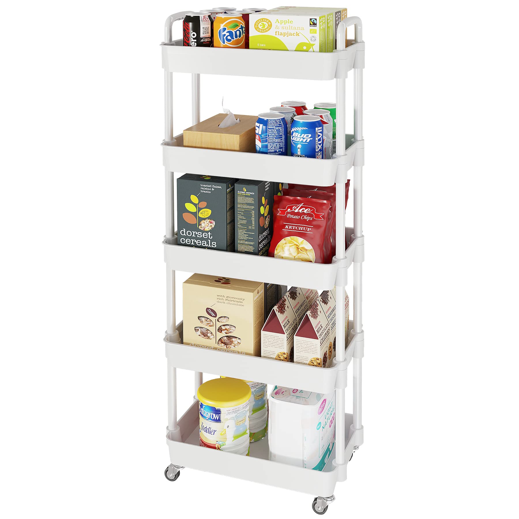 Laiensia 3-Tier Rolling Cart with Wheels,Multifunction Utility Storage Carts, Kitchen Storage Organizer,Mobile Shelving Unit for Bathroom,Laundry,with Classified Stickers,White