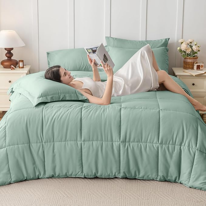JOLLYVOGUE King Comforter Set, Ultra-Soft Bed in a Bag King Size 7 Pieces, Oeko-TEX Certified Bedding Set with Down Alternative Comforter, Sheets, Pillowcases & Shams, Sage Green
