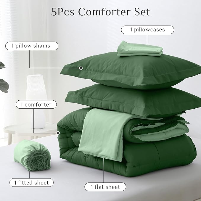 JOLLYVOGUE Twin XL Comforter Set, Ultra-Soft Bed in a Bag Twin XL Size 5 Pieces, Oeko-TEX Certified Bedding Set with Down Alternative Comforter, Sheets, Pillowcases & Shams, Dark Green & Light Green