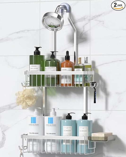 YASONIC Shower Caddy Hanging, Never Rust Shower Organizer Hanging, Aluminum Shower Racks for Inside Shower with Hooks for Razor, Bathroom Organizers and Storage with Soap Holder, Bright Silver