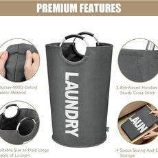 DOKEHOM 90L Large Laundry Basket, Collapsible Laundry Bag, Freestanding Tall Clothes Hamper, Foldable Washing Bin (Dark Grey)