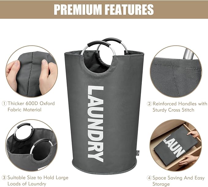 DOKEHOM 90L Large Laundry Basket, Collapsible Laundry Bag, Freestanding Tall Clothes Hamper, Foldable Washing Bin (Dark Grey)