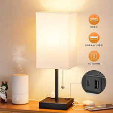 White Medium Table Lamp with USB Ports - 3 Color Temperature Bedside Lamp for Bedroom, Pull Chain Control, USB A and C Ports, 2 AC Outlets, Bulb Included